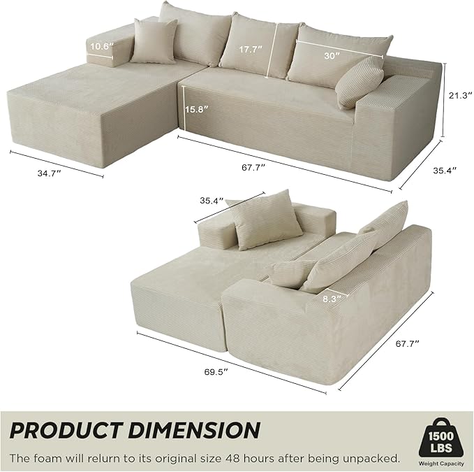 Sectional Cloud Boneless Couch for Living Room Bedroom, Comfy Modern L Shaped Modular Sofa with Left Facing Chaise, Deep Seat Memory Foam Couch in Box, No Assembly (Fine Striped Corduroy, Beige)