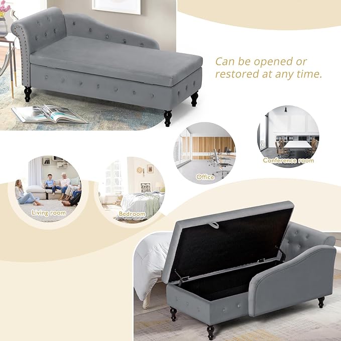 ACMEASE Upholstered Chaise Lounge with Left Armrest & Lumbar Pillow,Button Tufted Lounge Sofa with Storage,Lounge Chair Indoor,Modern Velvet Lounge Chair for Bedroom, Living Room and Office,Grey