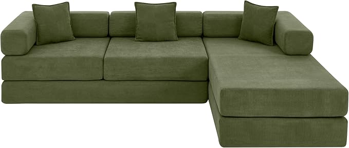 108" Convertible Sleeper Sofa Bed, Corduroy Folding Sofa Bed with Fixed-Shape Frame, Fold Out Floor Mattress Couch, Lazy Compression Sofas for Living Room, Bedroom, No Assembly Required,Green