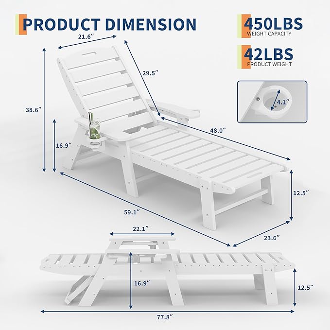 GarveeLife Outdoor HDPE Chaise Lounge, Oversize HDPE 5-Position Pool Lounge Chairs, Pool Lounges Chairs
