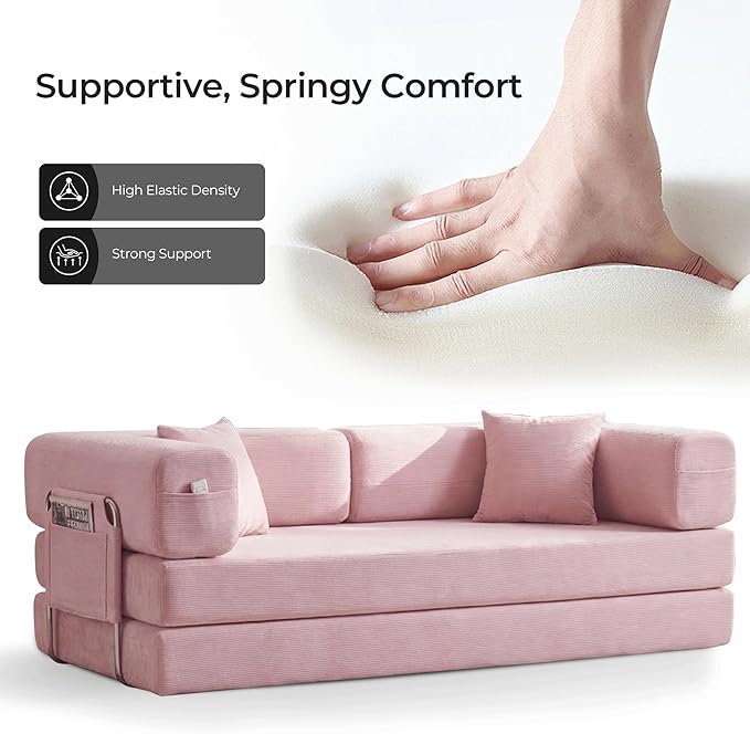 79" Convertible Sofa Bed with Pillows, Corduroy Folding Sleeper Sofa with Fixed-Shape Frame, Boneless Couch for Living Room Bedroom, Floor Sofa Lounge No Assembly Required (A - Style - Pink)