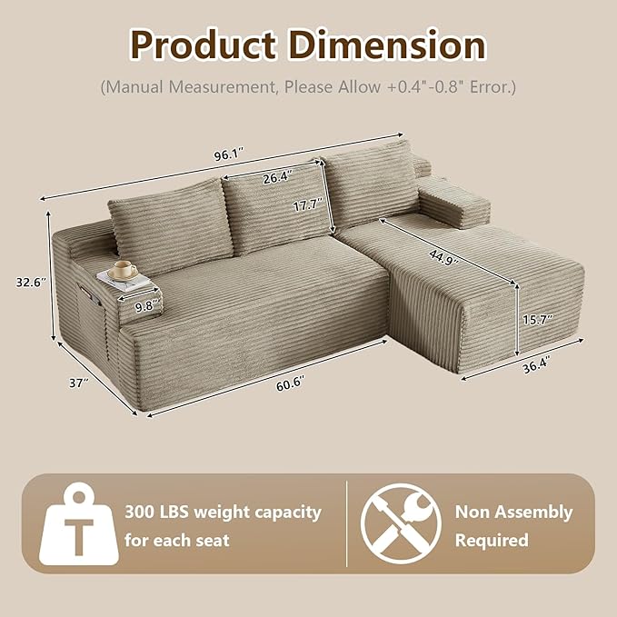 96.1" Modular Sectional Sofa Couches L-Shape Couch 3 Seat Modular Sofa Corduroy Memory Foam Sectional Boneless Couches for Living Room, Cloud Couch with Oversized Chaise(Camel, Right Facing)