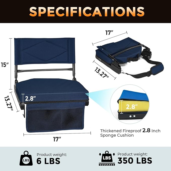behairity Adjustable Stadium Seats with Back Support – 4-Position Reclining Bleacher Chairs with Padded Cushion, Foldable Portable Stadium Chair with Front Pocket and Shoulder Strap (Navy Blue)