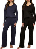 Real Essentials 2 Pack Women's Soft Cotton Long Sleeve Pajama Set with Pants - Lounge Sets for Women (Available In Plus)