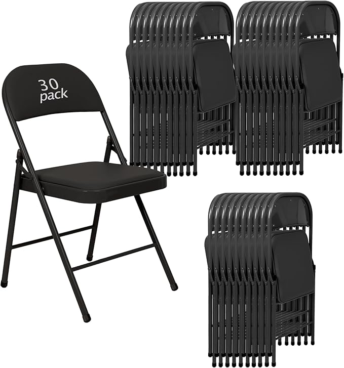 30 Pack Black Padded Folding Chairs Set - Comfortable Stackable Portable Chairs for Indoor Outdoor, Events, Parties, Office, Wedding (PU Leather, Classic Black,School Chair)