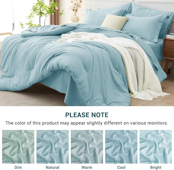 MUXHOMO 7 Pieces California King Comforter Set, Soft Bed in a Bag Cal King Size, All Season Bedding Set with Comforter, Flat Sheet, Fitted Sheet, Pillowcases & Shams, Lake Blue