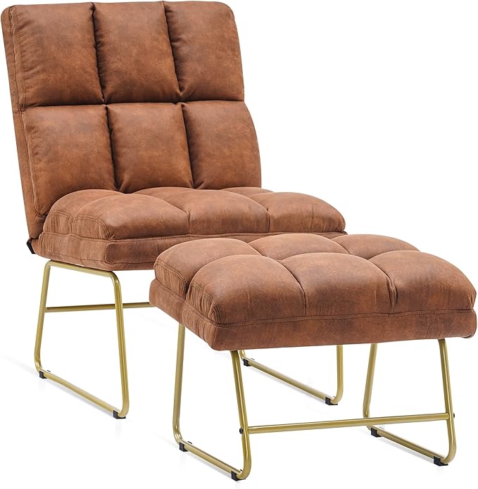 MCombo Accent Chair with Ottoman Set, Modern Armless Chair for Living Room, Bedroom, Small Space 4013 (Heat-Stamped Fabric, Saddle)
