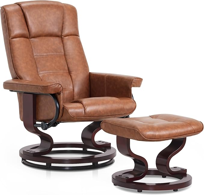 MCombo Manual Swivel Recliner with Ottoman, Chair Ottoman Set for RV Small Spaces, Living Room, Bedroom, Office 9019 4919 (Faux Leather, Saddle)
