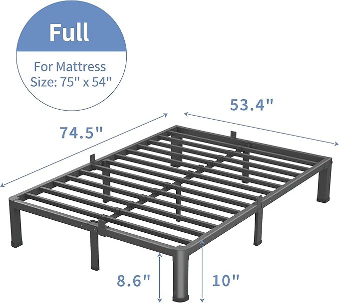 VIPSHOW 10 Inch Full Size Bed Frame, 3500Lbs Heavy Duty Metal Platform with Round Corner Legs Mattress Slide Stopper, Steel Slat Support No Box Spring Needed, Noise Free, Non-Slip, Easy Assembly