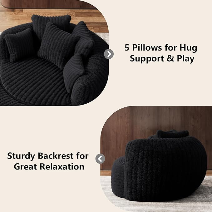Oversized Chaise Lounge Chair Indoor with Ottoman 50.5" W x 67.0" D Round Soft Corduroy Comfy Oversized Reading Chair with 5 Pillows for Living, Reading Room - Black
