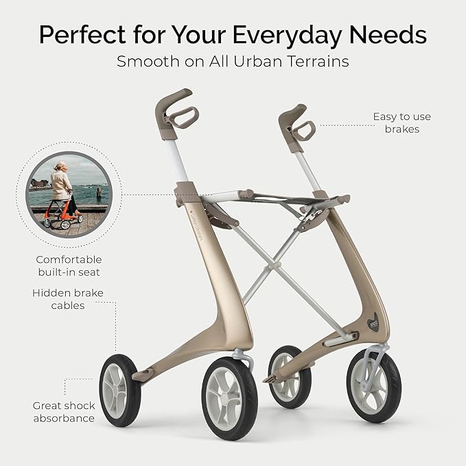 byACRE Carbon Ultralight Rollator Walker - World's Lightest Carbon Rollator - Only 10.6 lbs | Indoor and Outdoor Use | Foldable with seat and Easy to Travel with (Champagne Gold, Wide Track)