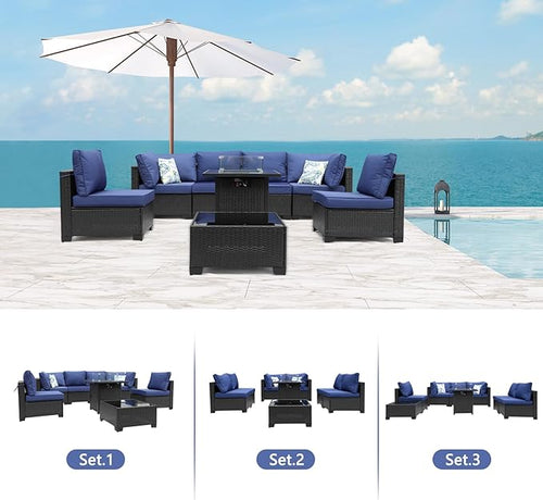 3D MATRIX 8 Pieces Patio Furniture Set with 28" Fire Pit Table, Wicker Outdoor Sectional Couch, Rattan Conversation Set for Backyard, Deck, Garden Lawn, Coffee/Blue