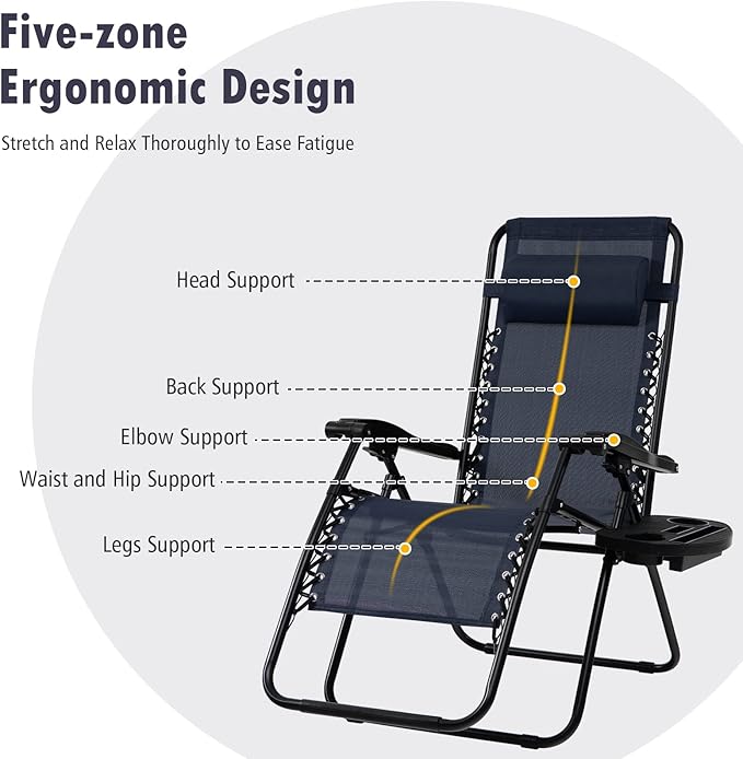 Tangkula Zero Gravity Chair, Folding Patio Lounge Chair Adjustable Outdoor Recliner with Cup Holder, Wide Armrest for Patio Garden Poolside Outdoor Yard Beach, Support 350 lbs (1, Navy Blue)