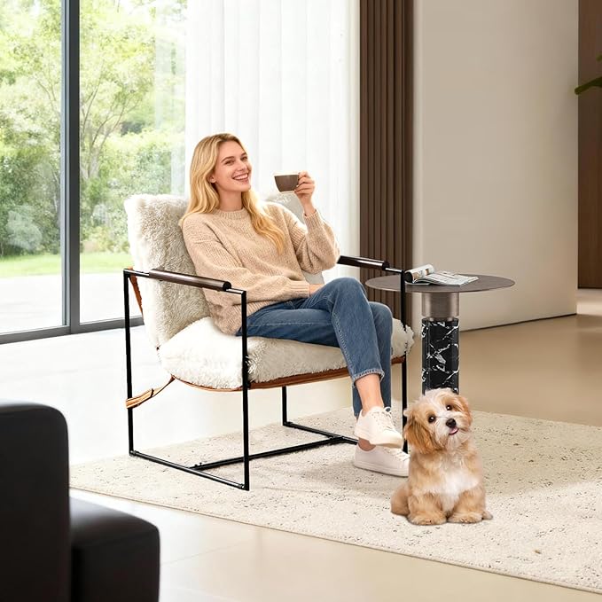 VINGLI 28" Wide Plush Upholstery Sling Modern Accent Chair with Metal Frame, Cute Reading Armchair with Removable Seat Cushion & Tan Microfiber Seat Base, Lazy Chair for Bedroom & Lounge, White