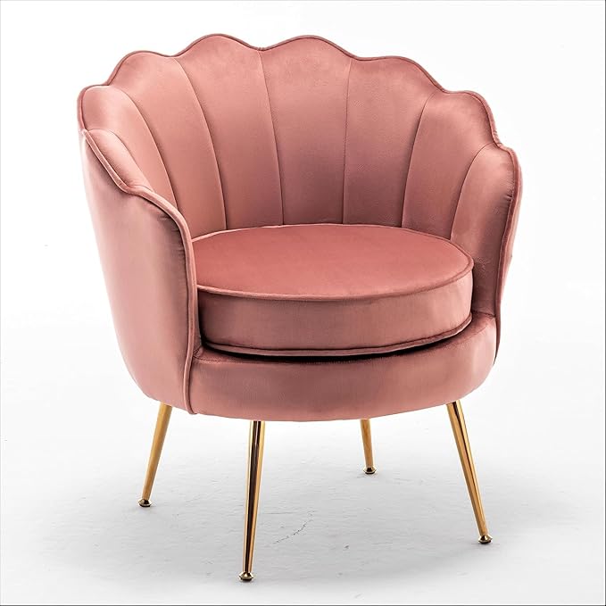 Container Furniture Direct Velvet Barrel Accent Chair with Scalloped Silhouette and Gold Metal Legs, Decorative Piece Suitable for Traditional, Modern, and Contemporary Spaces, Rose