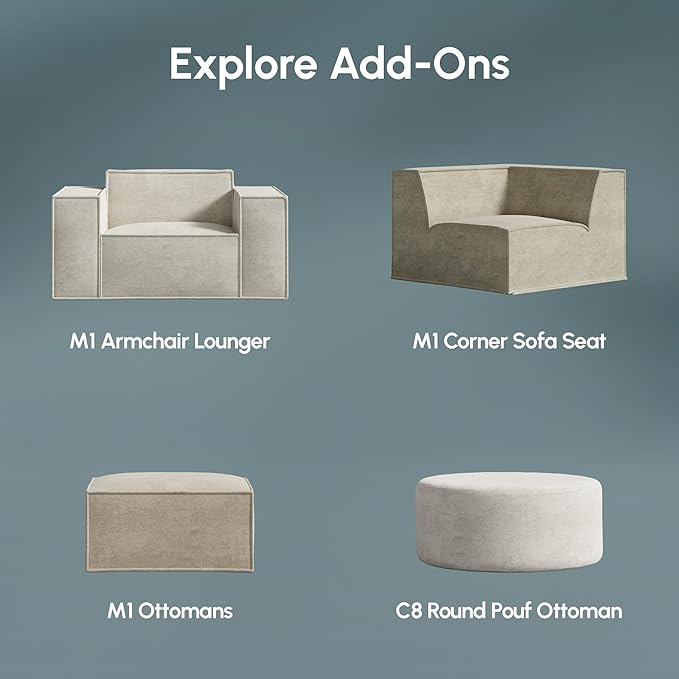 ROVE LAB M1 Modular Sectional Sofa with Ottoman, Sofa in a Box, Pet Friendly Modular Couch, Spill-Resistant,Sustainable, Stylish, Modern Sectional Couch for Living Room with SmartFoam Comfort
