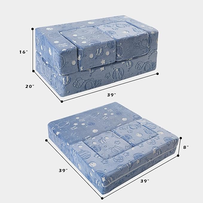 MeMoreCool Modular Kids Sofa, Glow in The Dark Space Kids Play Couch Sofa, Blue Fold-Out Foam Lounger Chair for Girls and Boys, Bedroom and Playroom