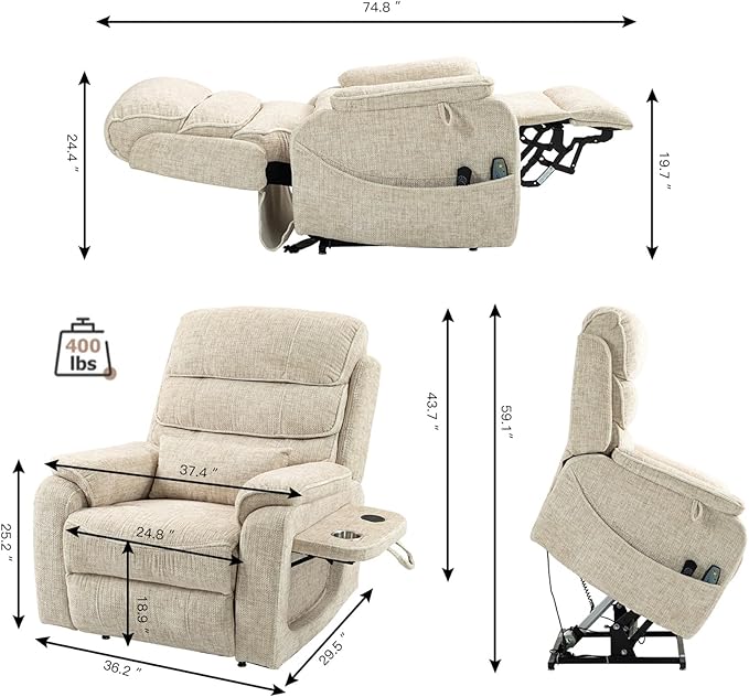 Cream Recliner Chair for Elderly | Tall and Big Man 400lbs | Velvet | Power Lift, Lay Flat, Stand Up, Wireless Charging Device, Extended Footrest, Massage Heat, Cup Holder, Lumbar Pillow
