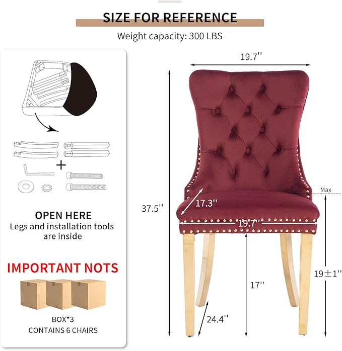 YeahFurn Mid Century Modern Dining Chairs Set of 6, Red Velvet Upholstered Tufted Back, Kitchen & Dining Room Chairs, Gold Metal Legs, Nailhead Trim, Sillas para Comedor (Red, 6 Pcs)