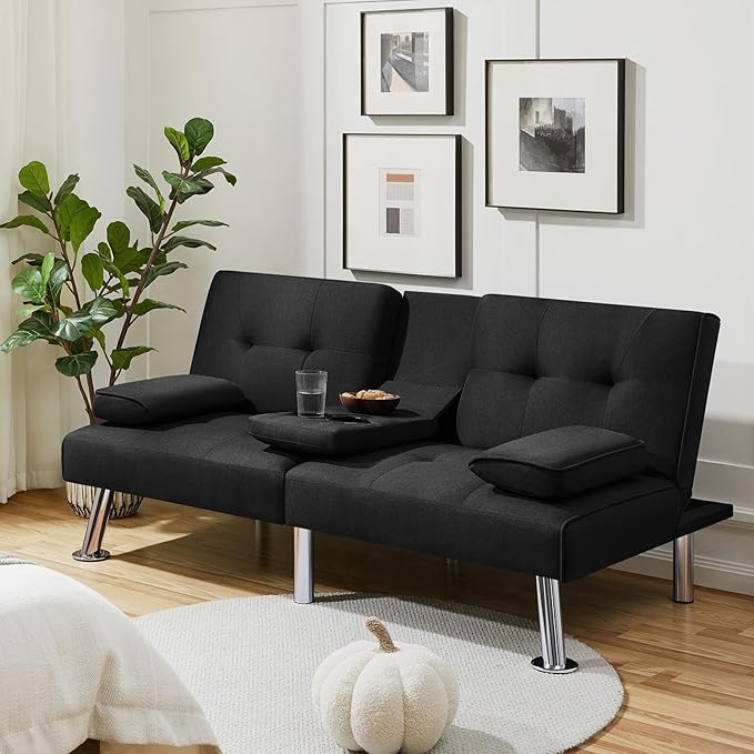 Yaheetech Convertible Sofa Bed Adjustable Fabric Couch Sleeper Modern Recliner Reversible Loveseat Folding Daybed Guest Bed, Removable Armrests, Cup Holders, 3 Angles, 772lb Capacity, Black