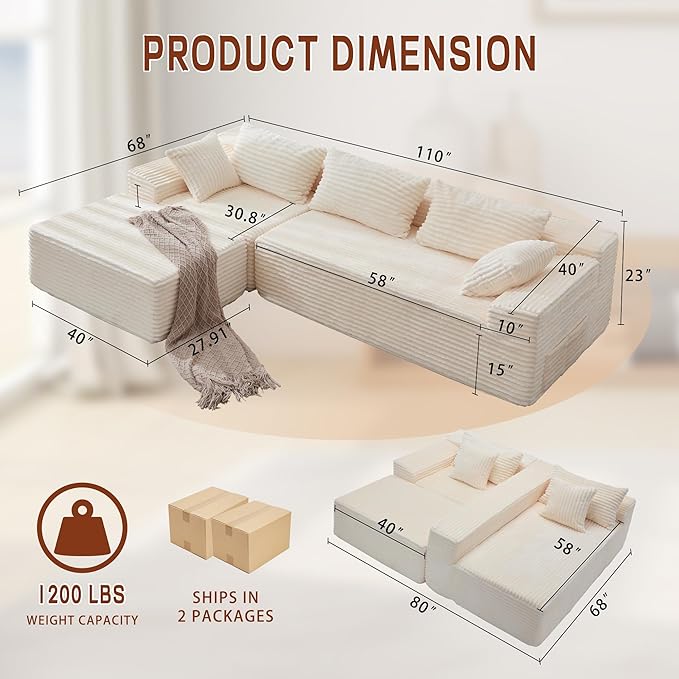 Korser 110" Sectional Couches for Living Room, Modular Sectional Sofa with L-Shape Chaise, Cloud Couch, Comfy Corduroy Fluffy Couch with Deep Seat and Side Pockets