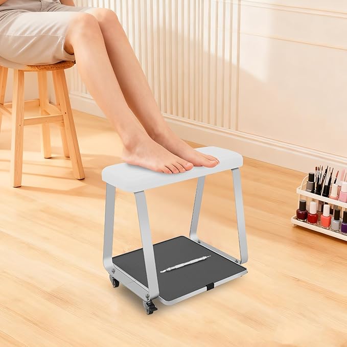 Pedicure Foot Rest, Portable Nail Salon Footrest with Organizer Tray, 110LBS Load Capacity, Lockable Casters for Beauty Nail Salon, Spa, Home, Clinic (White)