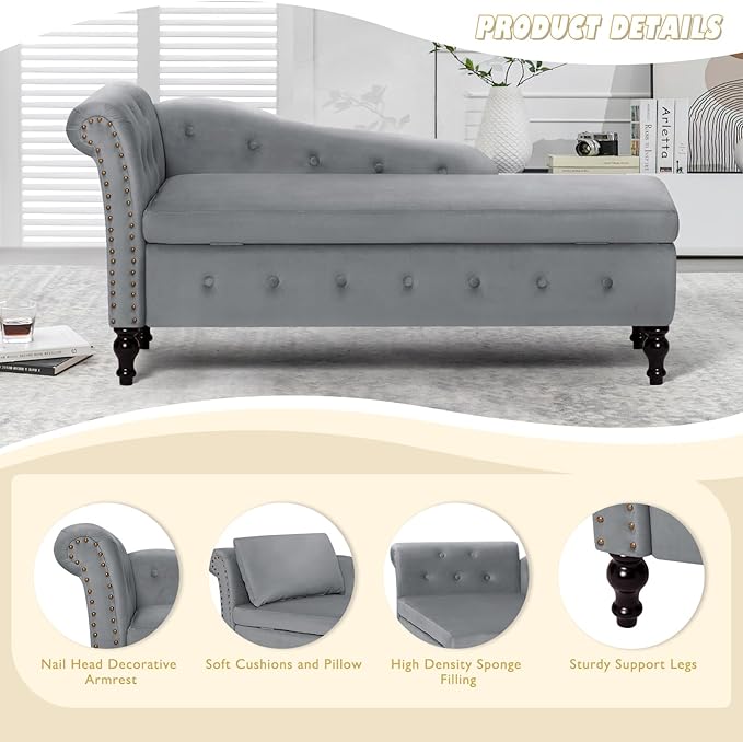 ACMEASE Upholstered Chaise Lounge with Left Armrest & Lumbar Pillow,Button Tufted Lounge Sofa with Storage,Lounge Chair Indoor,Modern Velvet Lounge Chair for Bedroom, Living Room and Office,Grey