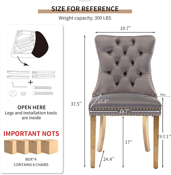 YeahFurn Mid Century Modern Dining Chairs Set of 8, Grey Velvet Upholstered Tufted Back, Kitchen & Dining Room Chairs, Gold Metal Legs, Nailhead Trim, Sillas para Comedor (Gray, 8 Pcs)