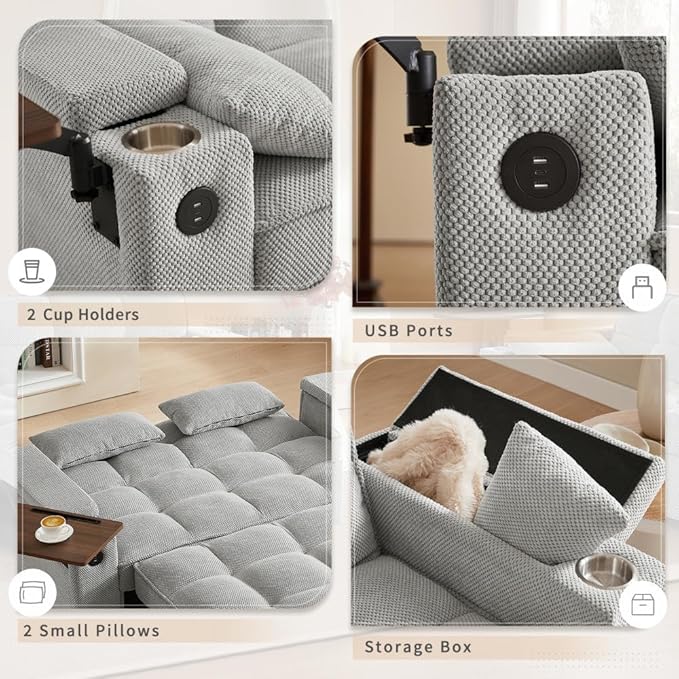 oaaktu ﻿ Large Size Convertible Sleeper Sofa Bed,Polka dot Velvet Pull Out Futon Couch with Storage handrails & Rotating Side Tables,Convertible Sofa Couch for Living Room,RV (Light Gray)