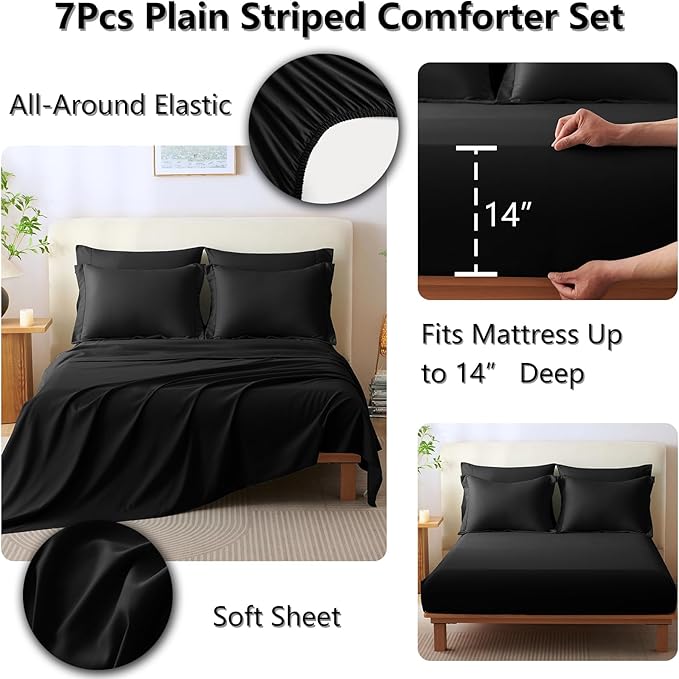 CozyLux California King Size Comforter Set - 7 Pieces Bed in a Bag Black Comforter Set with Sheets Cal King, Soft Bedding Set with Down Alternative Comforter, Sheets, Pillowcases & Shams