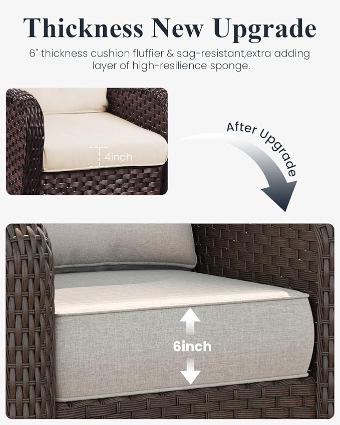 LayinSun 5 Piece Wicker Outdoor Furniture Set with 6-inch Comfy Cushions, High Back Patio Furniture Set with Swivel Rocking Chairs and Side Table