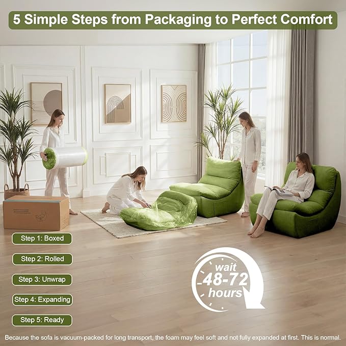 Set of 3 Bean Bag Chairs for Adults, Single Sofa, Lazy Sofa, Anti Cat Scratch Fabric with Machine Washable, Beanbag Chair for Bedroom, Floor Couch Living Room, Bedroom, Dorm, Reading Corner(Green)