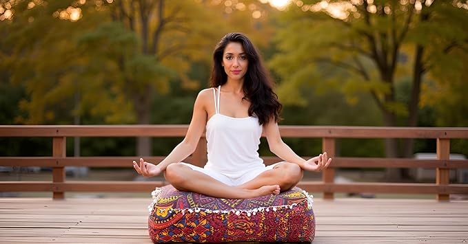 CRAFT KALA Large Hippie Mandala Meditation Floor Ottoman Pillow Cushion Pouf Cover Square Poufs Bohemian Circle Floor Cushion Case Outdoor Fireplace Yoga Living Room Decor Cover New Orange, 16" Square