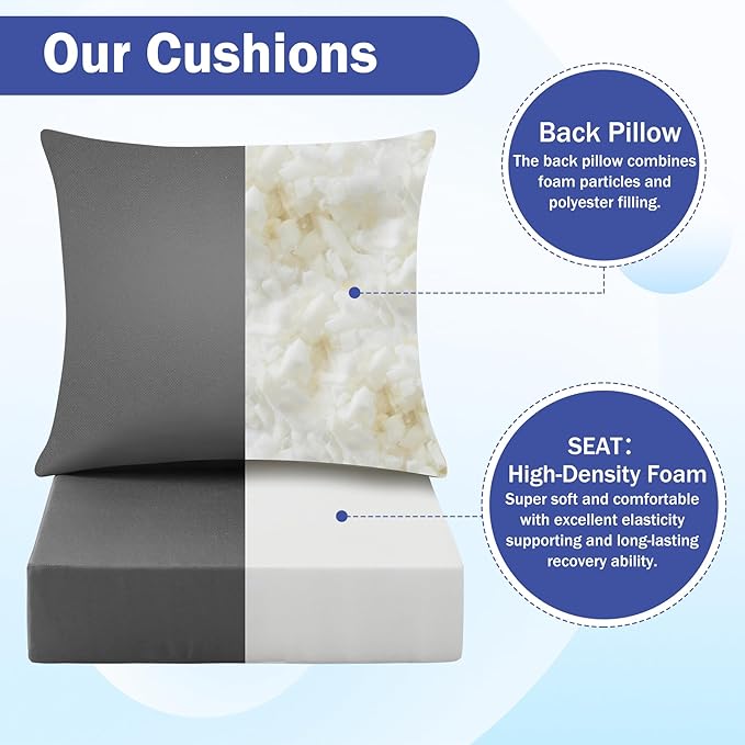 Outdoor Seat Cushion Set, Waterproof & Fade Resistant Patio Chair Cushions, Outdoors Cushion for Patio Furniture, 24 x 24 x 4 Inch, Outdoor Couch Cushions with Handle and Ties, Grey