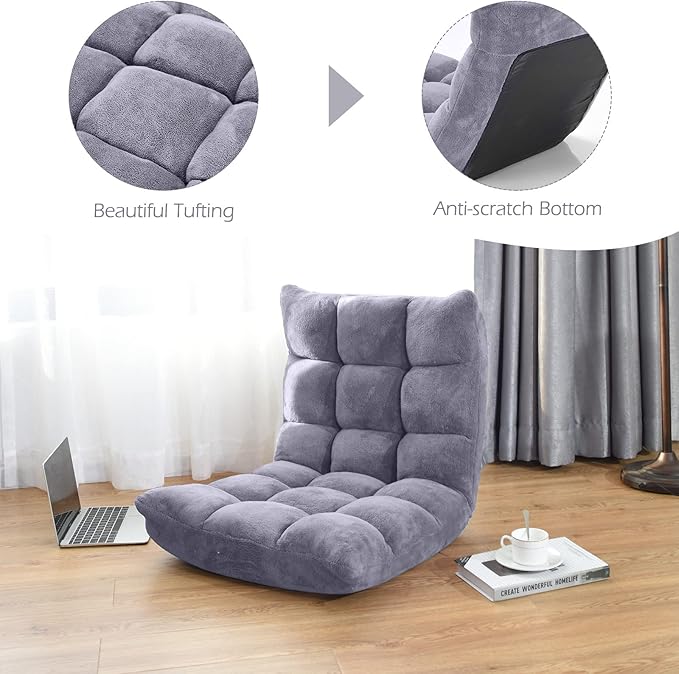 COSTWAY Floor Chair, Video Gaming Chairs with Back Support, Adjustable 14-Position, Alloy Steel Frame, Soft Coral Fleece, Lazy Sofa Lounge for Reading Living Room Recliner for Adults Kids, Grey