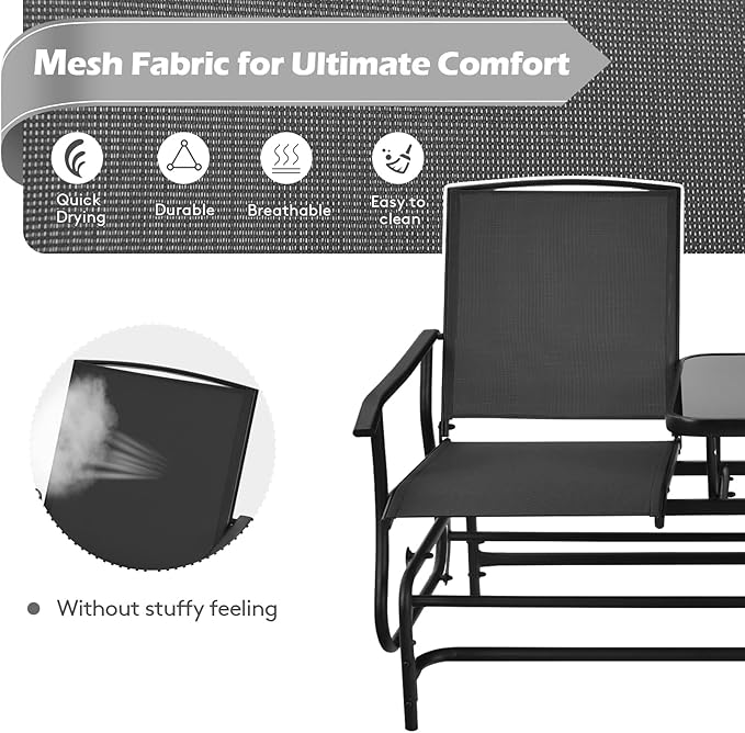 S AFSTAR 2-Person Outdoor Glider, Patio Glider Bench Chairs with Center Tempered Glass Table & Breathable Loveseat, Double Swing Glider Chair for Porch Garden Poolside Balcony Lawn (Black)