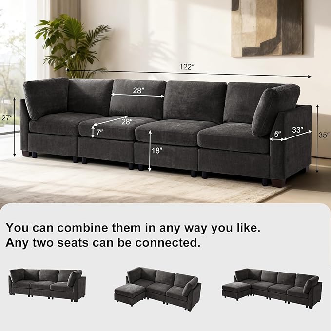 EDILLY 122 inches Oversized Modular Sectional Fabric Cloud Sofa Set, Extra Large L Shaped Couch Reversible Chaise Couch,4 Seat Modular Sofa, Grey