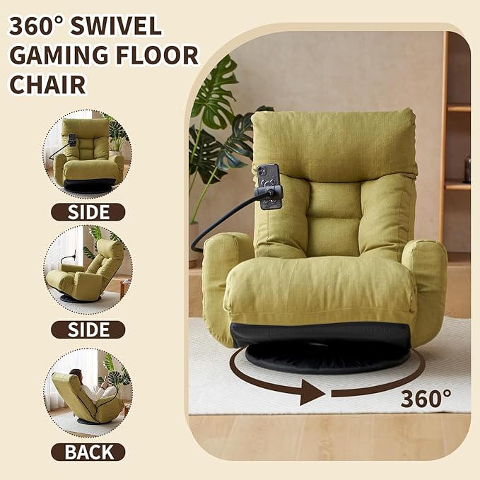 Swivel Lazy Floor Chair, Adjustable Reclining Floor Lounger with Head & Back Support and Phone Holder, Comfy Tatami Sofa Seat for Adults Bedroom & Gaming