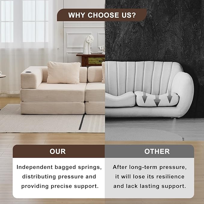 78" Loveseat Sleeper Sofa, 4 in 1 Convertible Floor Sofa Bed, Boneless Cloud Couch with Cup Holder, Fold Out Floor Couch for Living Room Bedroom Lounge, Corduroy, White