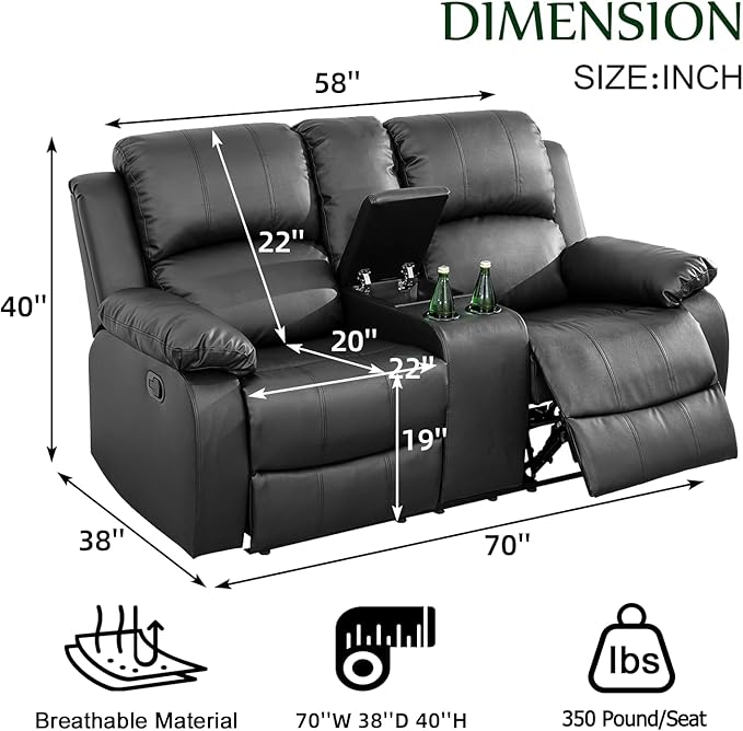 Caberryne Leather Recliner Sofa，Reclining Sofa Set for Living Room Furniture Sets，Black Double Recliner Loveseat for Living Room/Office/Theater Seating/Rv(2 Seater Couch)