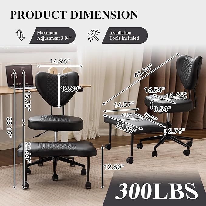 Sudwesto Ergonomic Cross Legged Chair, PU Leather 360° Upholstered Swivel Meditation Chair with Wheels, Comfy Criss Cross Desk Chair for ADHD with Height-Adjustable for Office (Black - PU)
