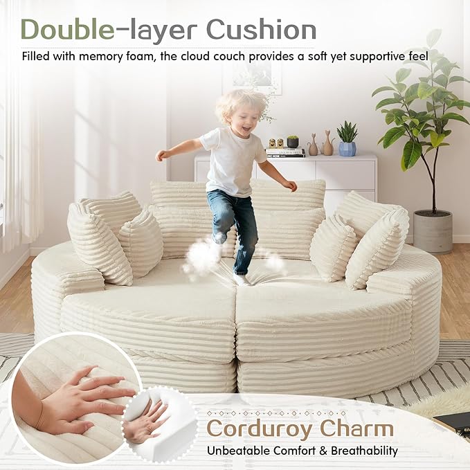 78-inch Oversized Round Chaise Lounge Chair Indoor, Convertible Folding Sofa Bed w/ 10 Pillows, Fluffy Corduroy Boneless Compressed Memory Foam Couch for Living Room, Bedroom (Beige, Left & Right)
