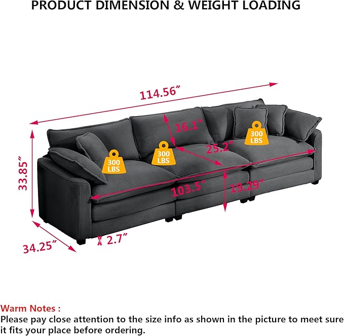 Aoowow Corduroy 3 Seater Sofa Couch,Modern Large Cloud Couches for Living Room,Modular Sectional Cloud Sofas with Deep Seat,Oversized Tufted 3 Seat Sofa Set. (Grey, 3 Seater)