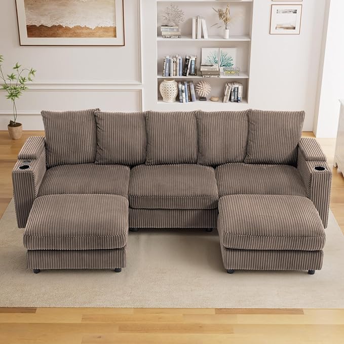 110" W x 60" D U Shape Sectional Sofa with USB Charging & Cup Holder & Storage, 5 Seater Plush Corduroy Couches with Movable Ottoman, Cloud Couch Sofas for Living Room, DIY Combination - Brown