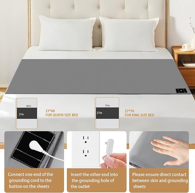 Grounding Sheets for Queen Size Bed, Grounded Bed Sheets with 10% Silver Fiber, Grounding Sheets for Better Sleep, Energy, Gray, 27"*60"