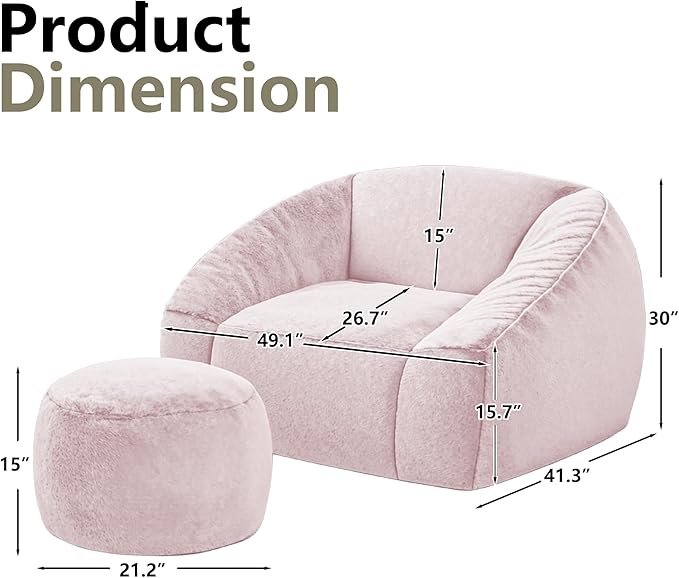 Bean Bag Chairs with Ottoman for Adults, Comfy Beanbag Chair with High-Resilience Foam, Oversized Bean Bag Sofa with Soft Faux Fur Fabric, Bean Bag Chair for Living Room,Bedroom,Pink