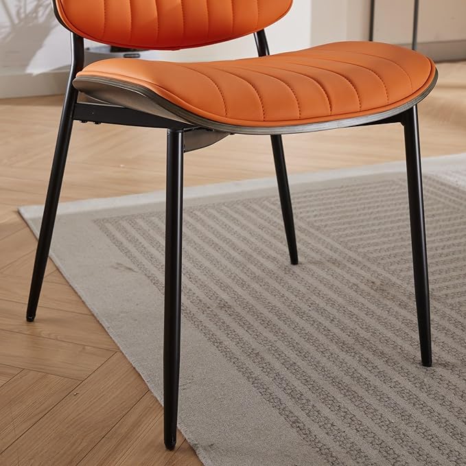 YaFiti Dining Chairs Set of 4, Mid Century Modern Accent Dining Room and Kitchen Chairs, Upholstered PU Leather Vertical Stripe Chairs for Vanity with Walnut Bentwood and Metal Legs, Orange