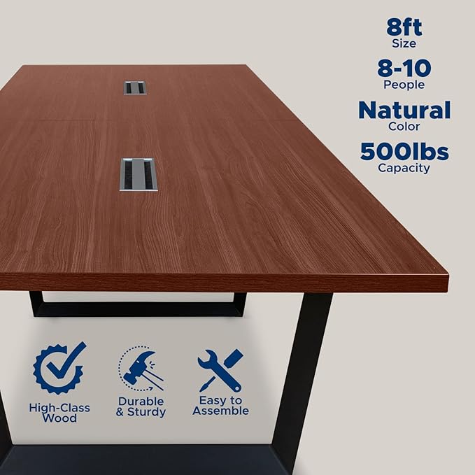 ahliss Sturdy Conference Table with Cable Management Grommets Modern Rectangle Office Meeting Table with Wood Tabletop and Metal Frame & Legs- Easy Assembly Boardroom Table (Mahogany, 8 Foot)