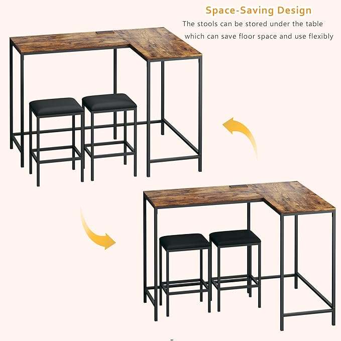 Bar Table and Chairs Set for 2-4, 63'' Convertible L-Shaped Kitchen Table with Power Outlets, 3 Piece Counter Height Small Dining Table with 2 Stools, Space Saving, Breakfast Nook Corner, Rustic Brown