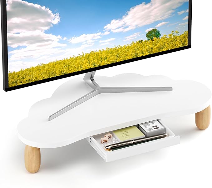 AFOOYO Cloud-Shaped Sturdy Wood Computer Monitor Stand Riser With Drawer, Multi-Purpose Desktop Organizer